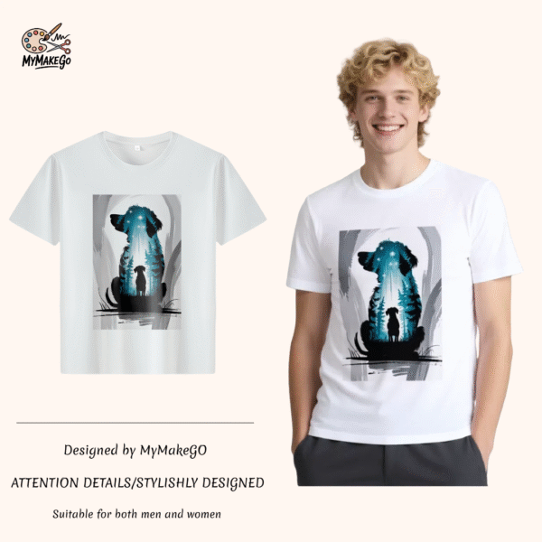 White tee with dog silhouette & forest - star print (Men & Women).