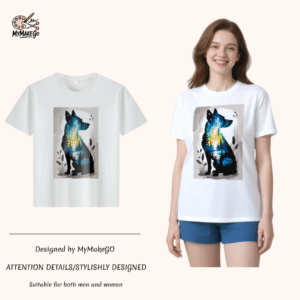 White tee with dog silhouette & nature - scene print (Men & Women). - 3XL