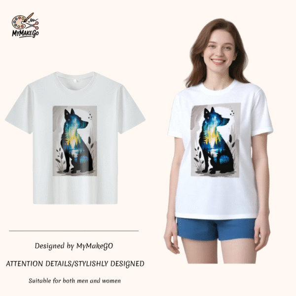 White tee with dog silhouette & nature - scene print (Men & Women).