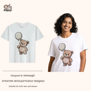White tee with cute teddy bear & balloon print (Men & Women). - 4XL
