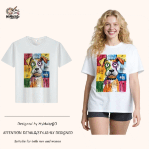 White tee with colorful abstract dog print (Men & Women).