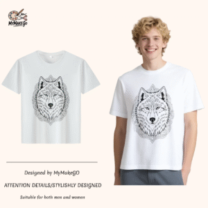 White tee with mandala - styled wolf head print (Men & Women). - 3XL