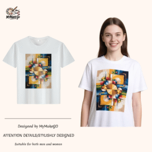 White tee with colorful abstract geometric print (Men & Women).