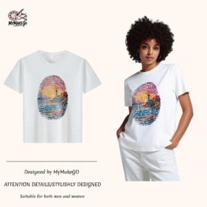 White tee with fingerprint - shaped lighthouse scene print (Men & Women).