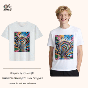 White tee with colorful 3D - tunnel abstract print (Men & Women). - L
