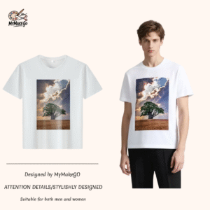 White tee with lone tree & field landscape print (Men & Women).