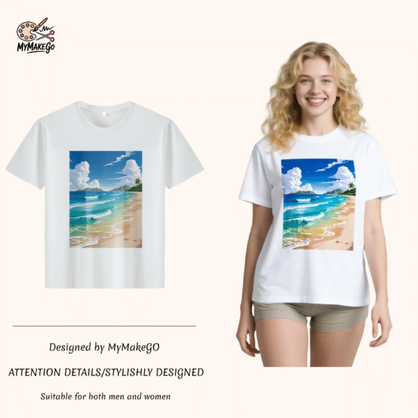 White tee with tropical beach landscape print (Men & Women).