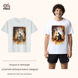 White tee with a man and guitar watercolor print (Men & Women). - XL