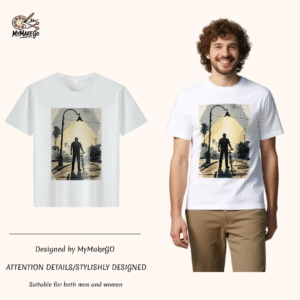 White tee with man - bike silhouette under streetlight print (Men & Women). - 4XL