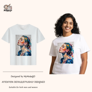 White tee with vibrant woman's portrait painting print (Men & Women). - 5XL