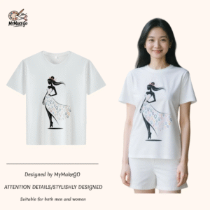 White tee with silhouette of woman in gender - symbol dress print (Men & Women). - XL